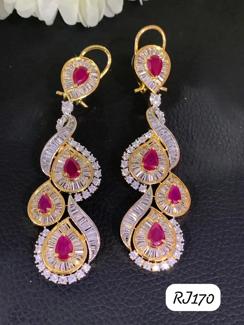 Baguette American Diamond Long Danglers — Ruby Pink