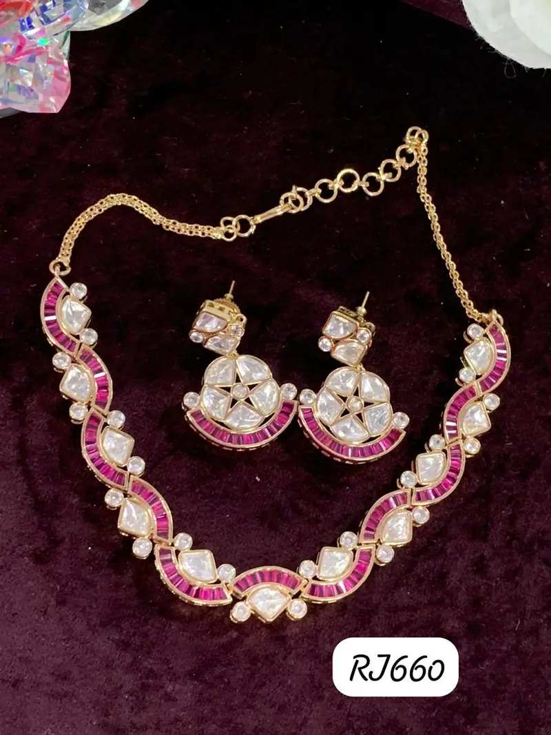 Ruby Polki Necklace Set — Pink