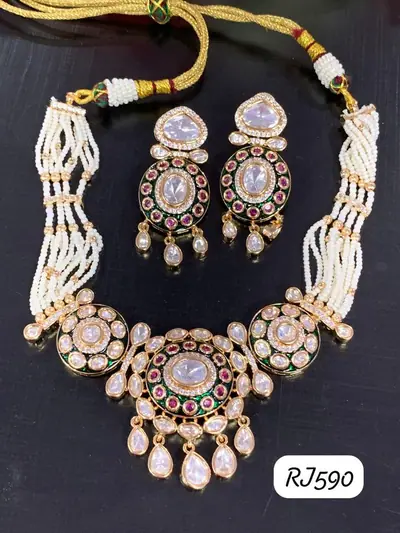 Pearl String Polki Necklace Set