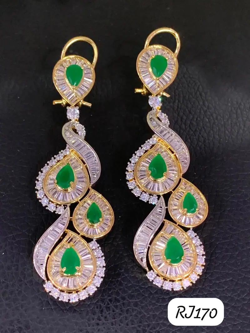 Baguette American Diamond Long Danglers — Emerald Green