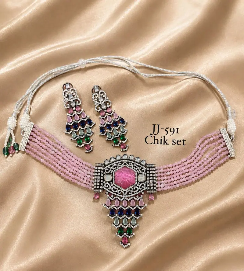 Rose Bead Navratna Chik Set — Pink