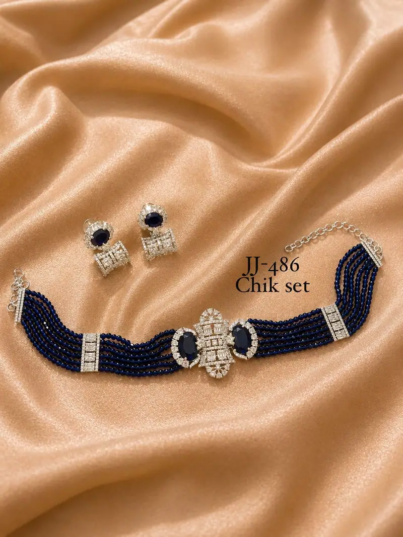 Beaded American Diamond Chik Set — Navy Blue