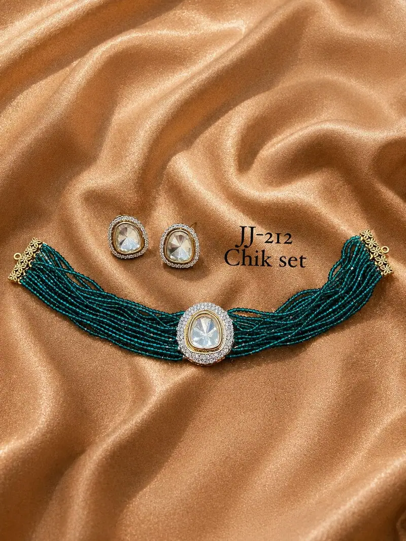 Kundan Centrepiece Bead Chik Set — Teal Green
