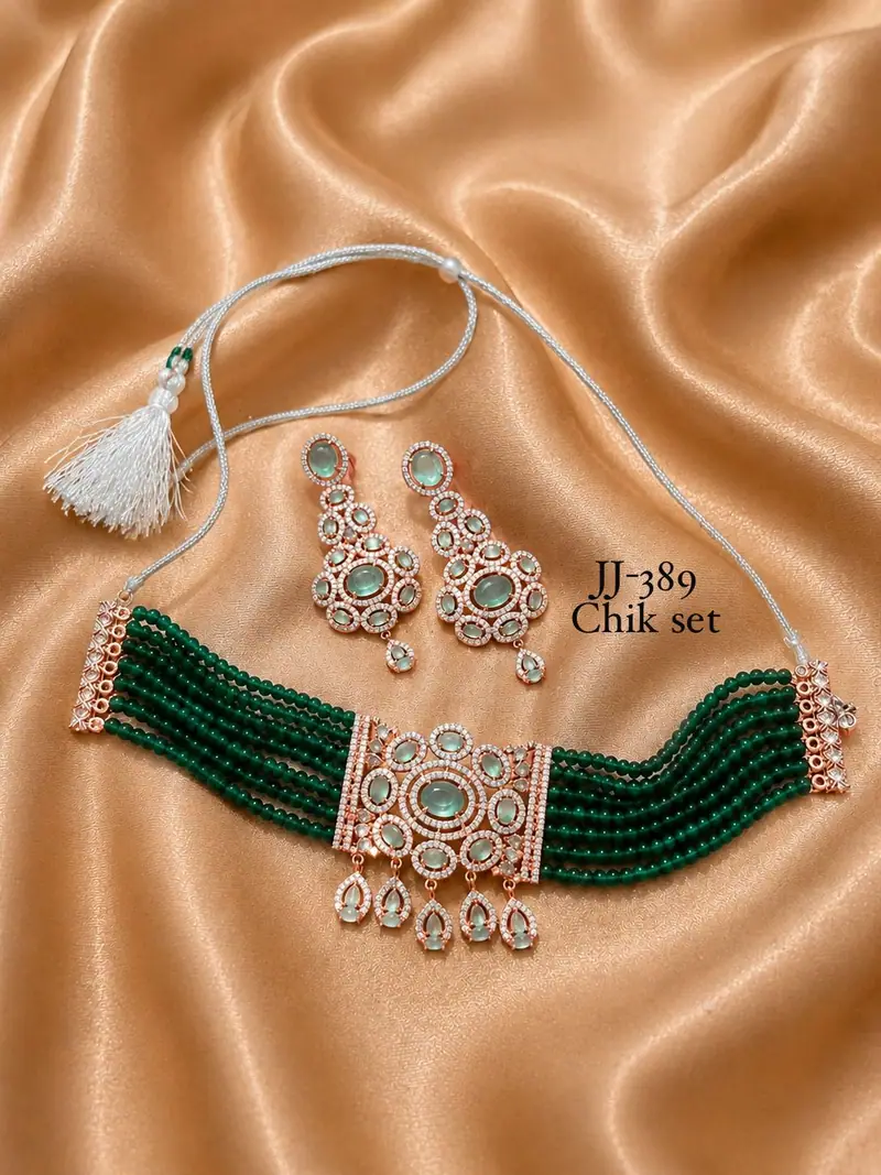 Emerald Bead Polki Chik Set — Green