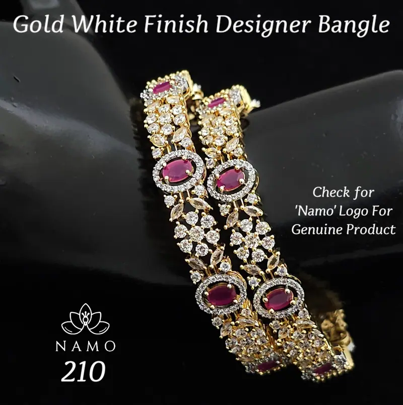 Oval Stone Floral Broad Bangles — Ruby Pink