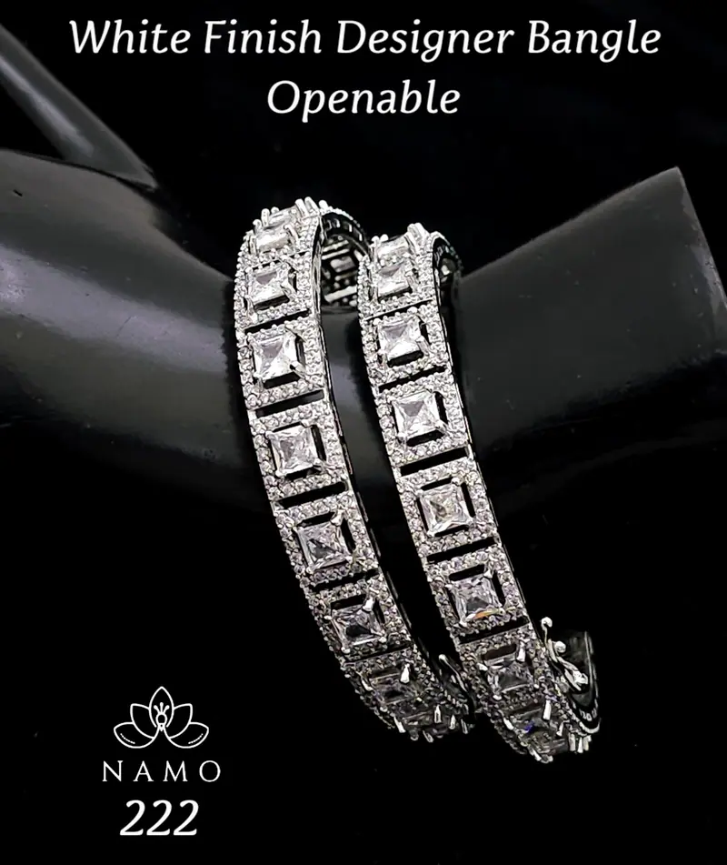 Square Stone Openable Bangle Pair — Silver White