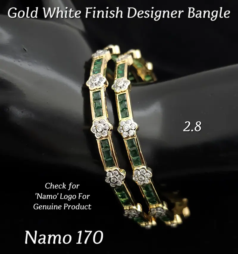 Baguette Channel Floral Bangle Pair — Emerald Green
