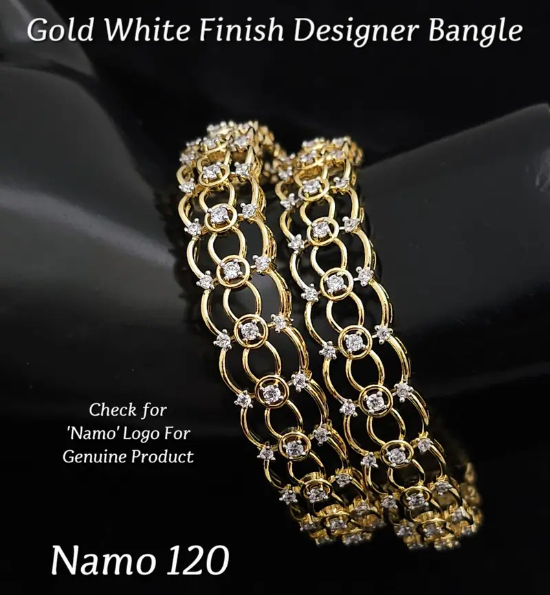 Ring Link American Diamond Bangle Pair — Gold White