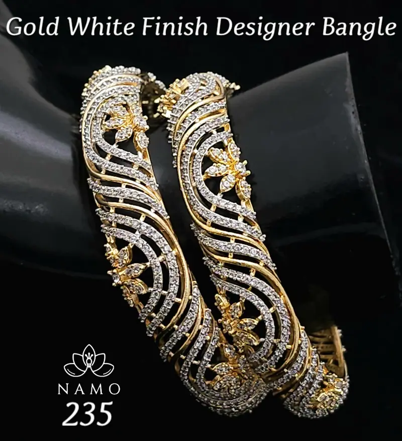 Broad Peacock Motif Diamond Bangles — Gold White