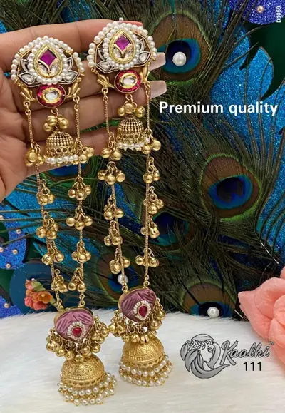 Kundan Jhumka Pearl Chain Earrings