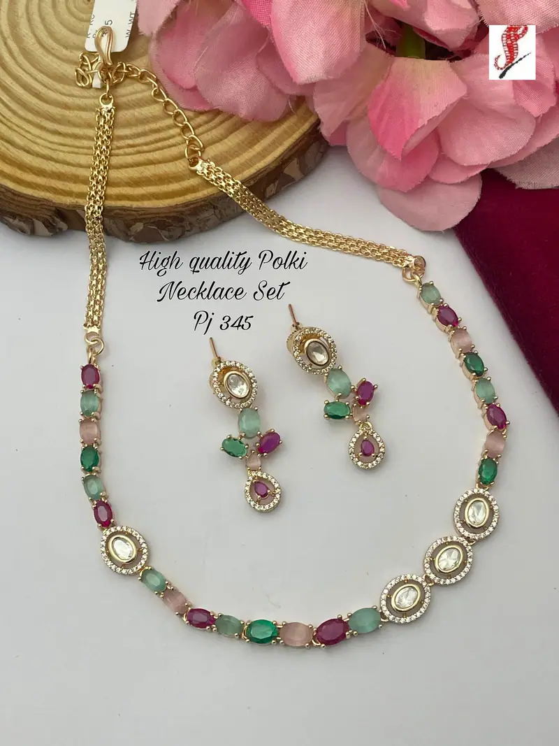 Polki Pastel Stone Necklace Set — Pink