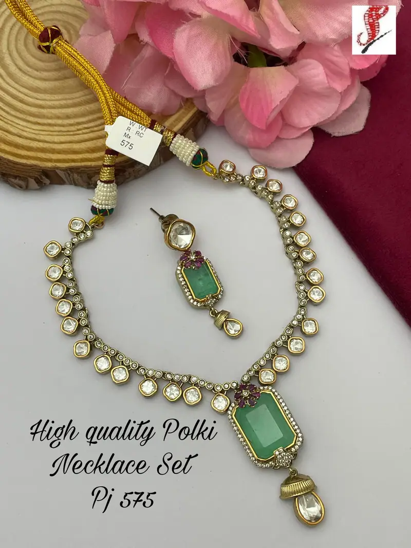 Rectangle Stone Polki Necklace Set — Mint Green