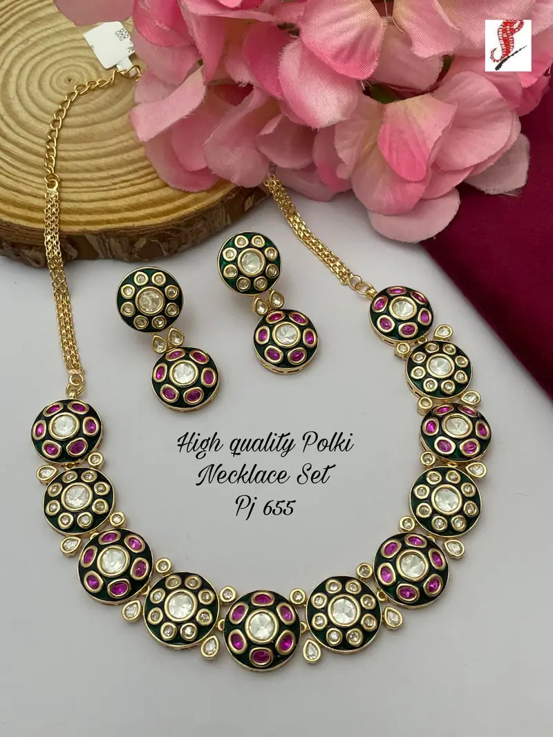Polki Round Motif Meenakari Necklace Set — Ruby Green