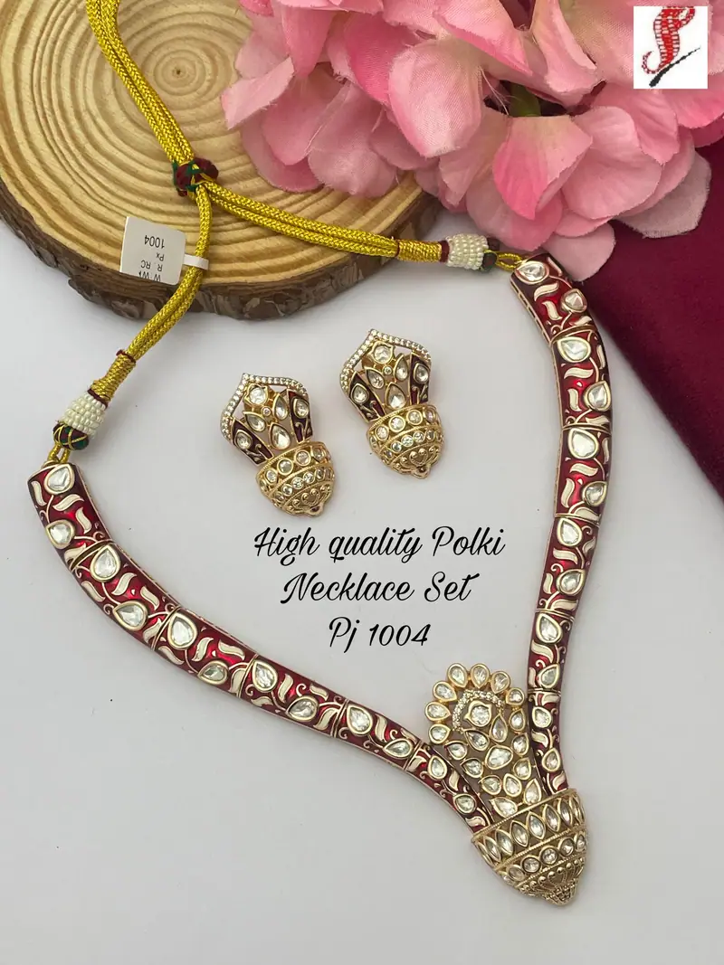 Meenakari Polki Drape Necklace Set — Maroon