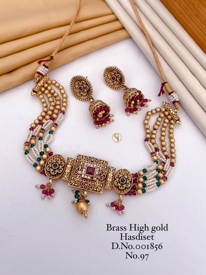 Square Motif Beaded Hasdi Choker Set — Antique Gold