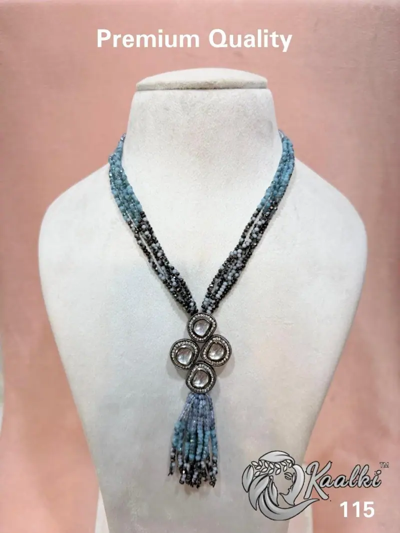 Victorian Polki Pendant Tassel Maala — Aquamarine Blue