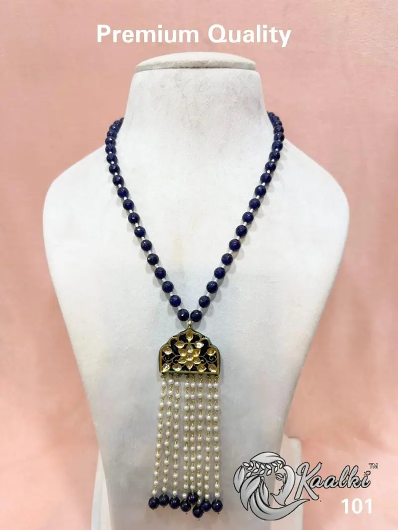 Kundan Arch Pearl Tassel Mala — Sapphire Blue