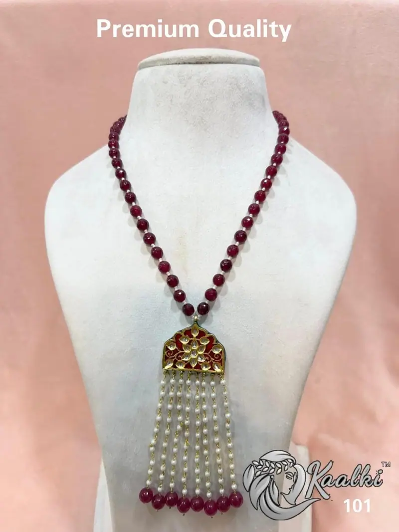 Kundan Arch Pearl Tassel Mala — Ruby Red