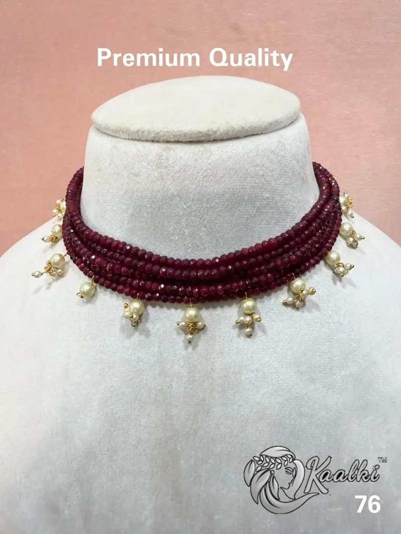 Beaded Pearl Drop Layered Choker — Ruby Maroon