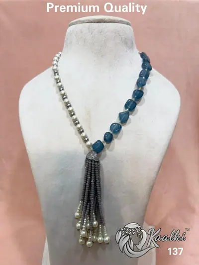 Aqua Bead Pearl Tassel Maala