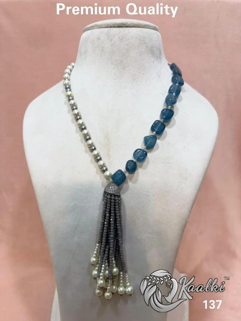 Aqua Bead Pearl Tassel Maala — Blue