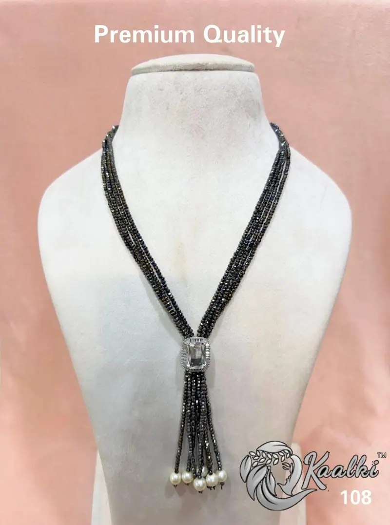 Crystal Bead Tassel Long Maala — Hematite Black