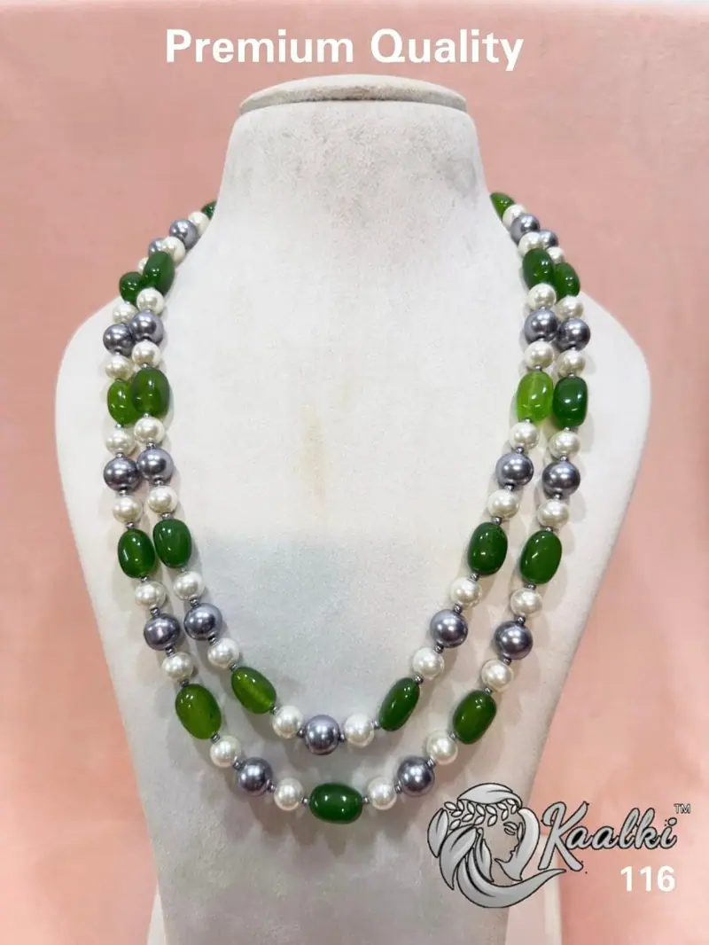 Emerald Bead Pearl Layered Maala — Green