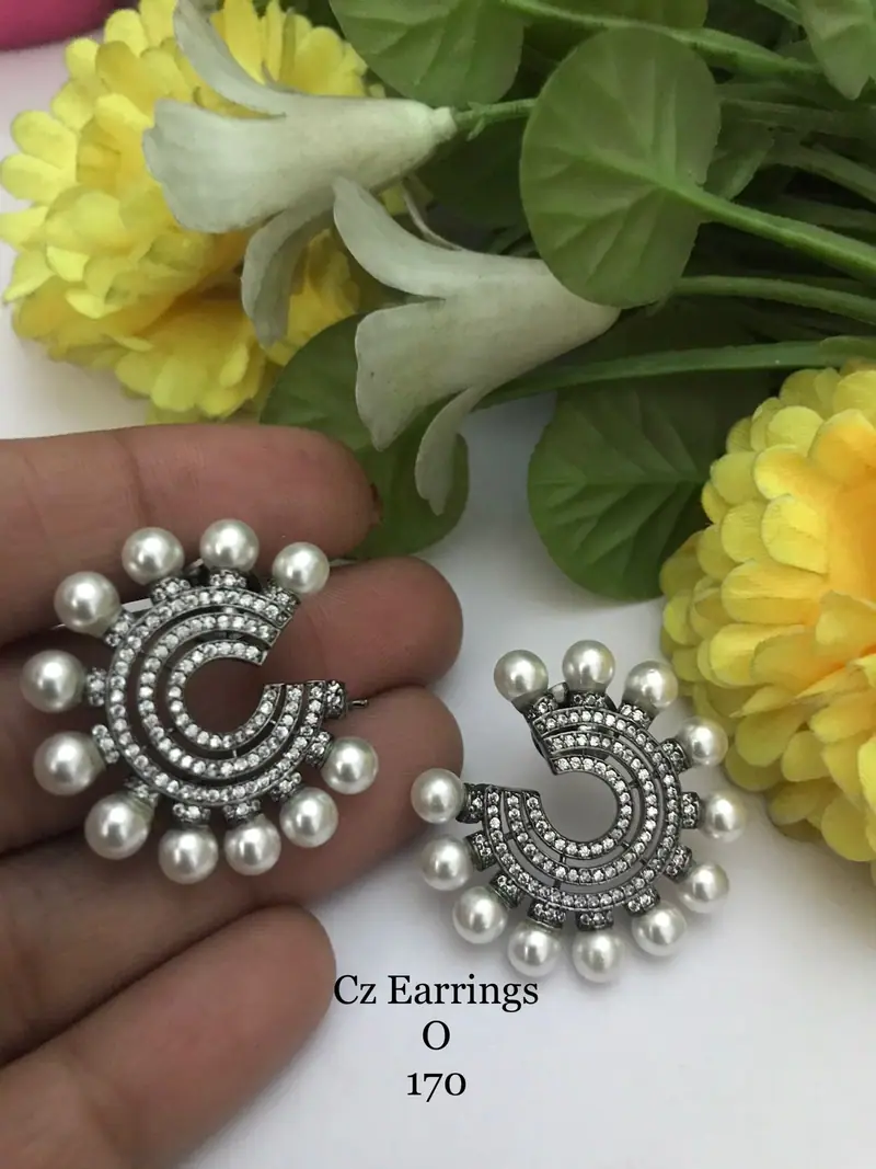 Pearl Crescent American Diamond Studs — Oxidised Black