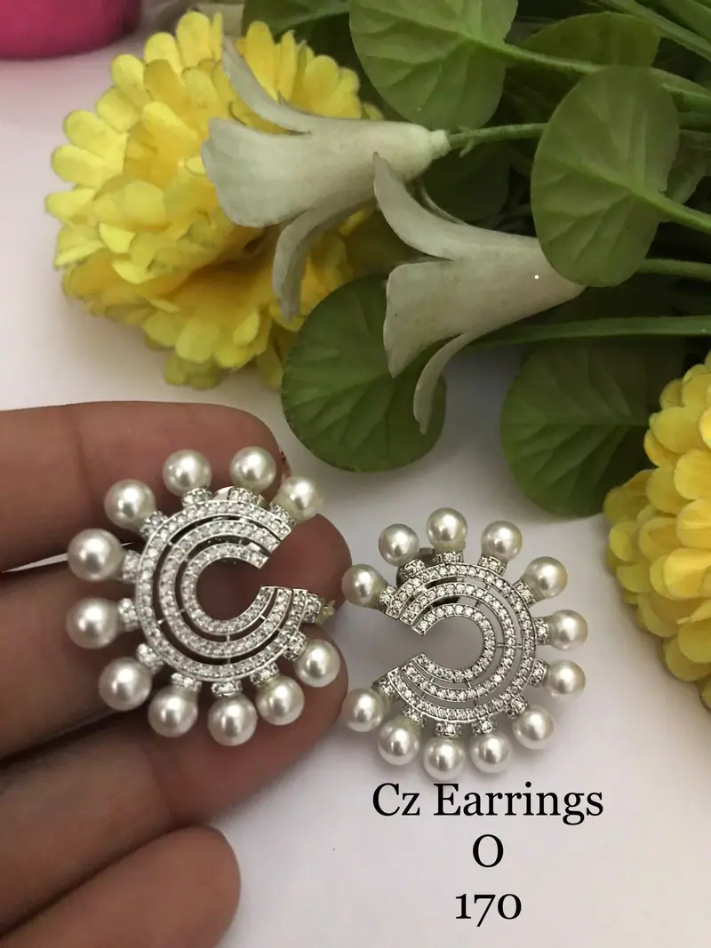 Pearl Crescent American Diamond Studs — Silver White