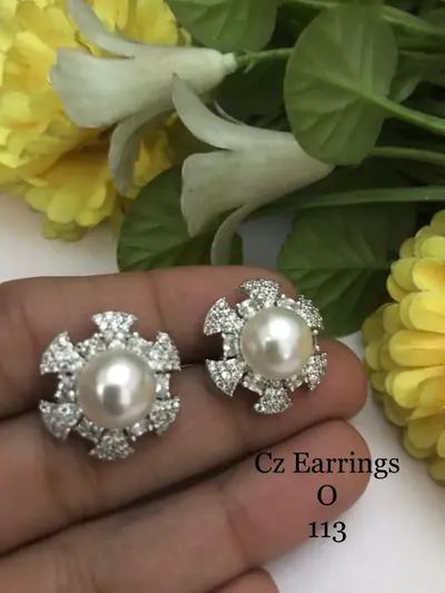American Diamond Pearl Floral Studs
