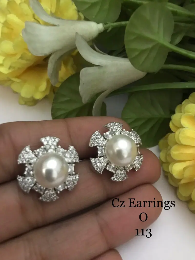 American Diamond Pearl Floral Studs — White