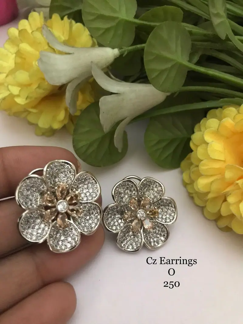 Pave Petal Floral Stud Earrings — Champagne