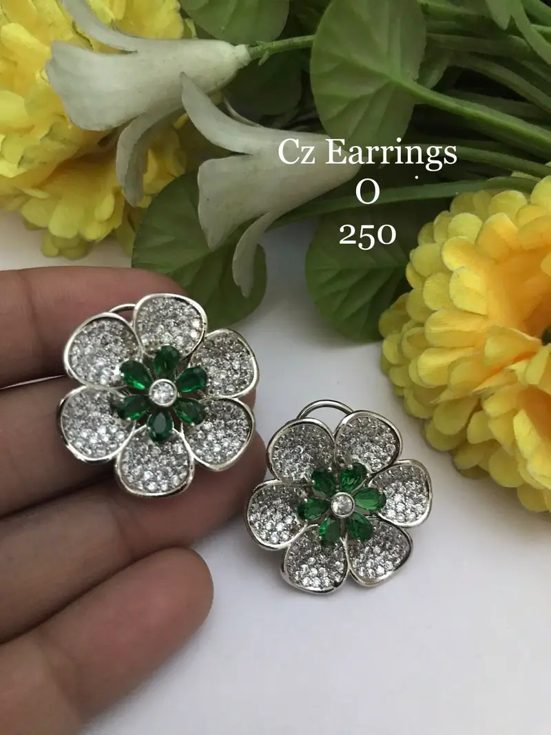 Pave Petal Floral Stud Earrings — Emerald Green