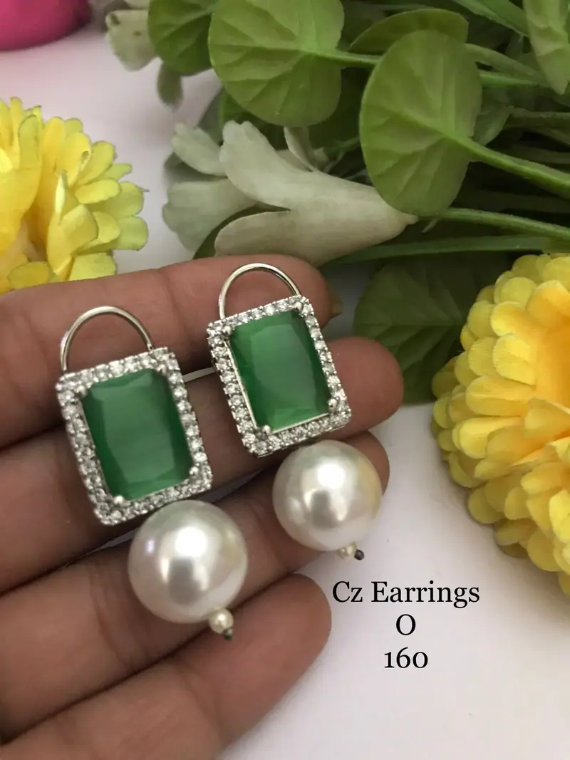 Emerald Stone Pearl Drop Earrings — Green