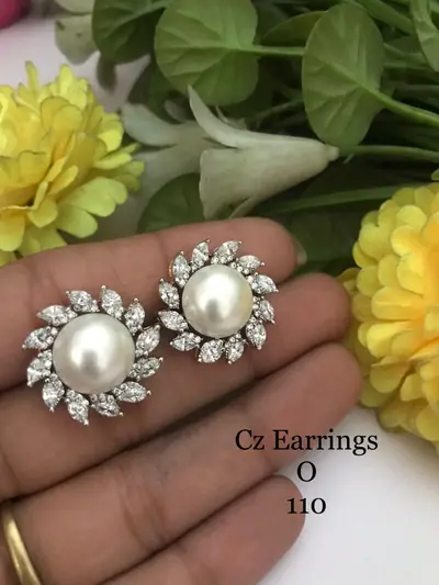 American Diamond Pearl Floral Studs