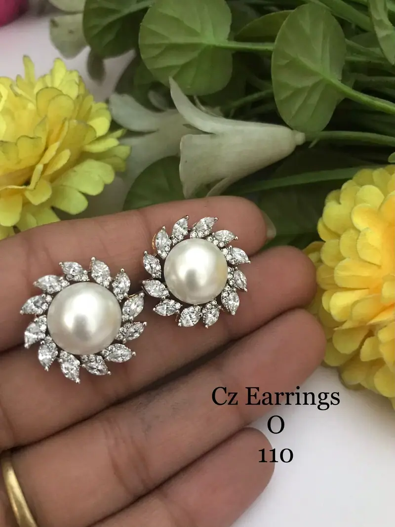 American Diamond Pearl Floral Studs — White