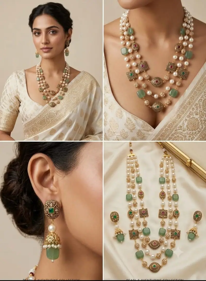 Pearl Aventurine Layered Long Set — White