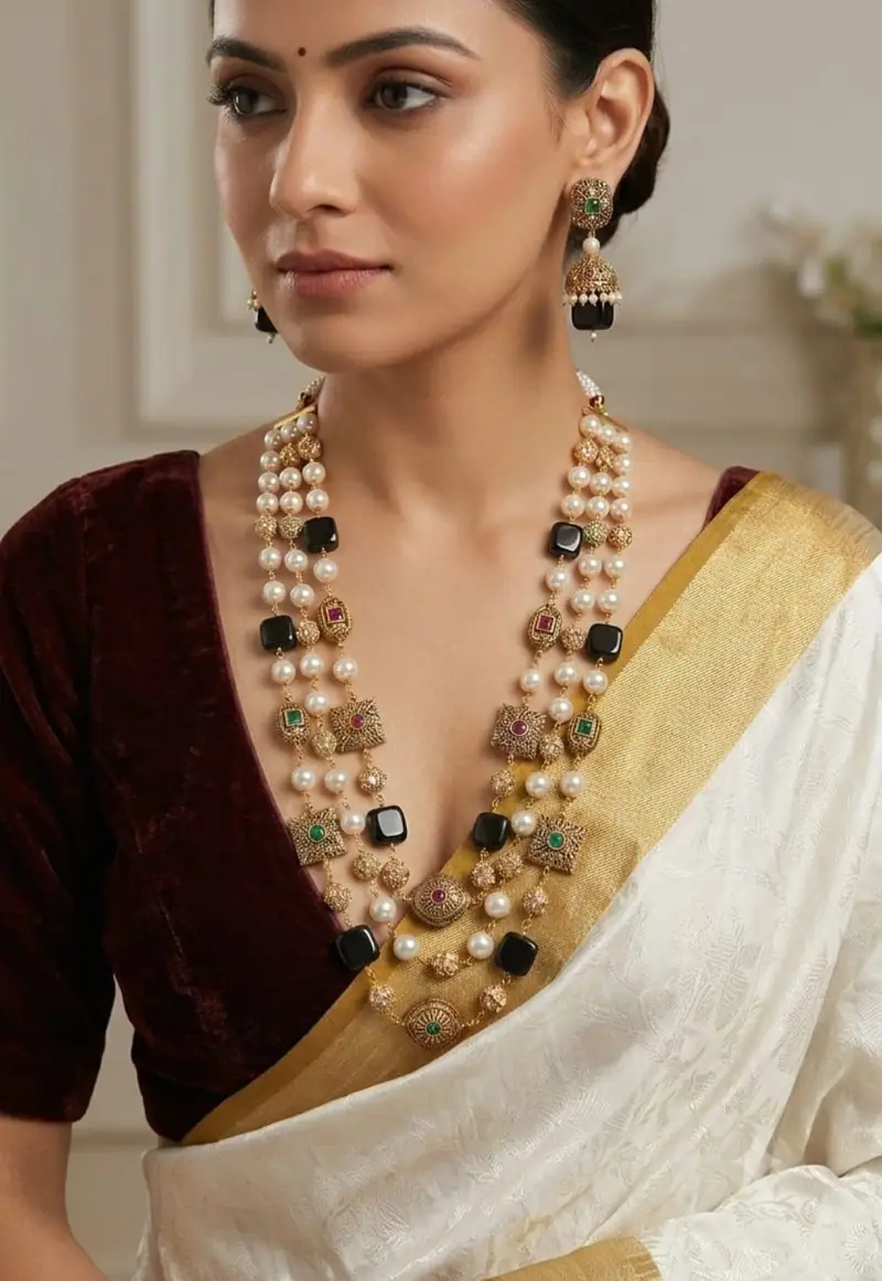 Antique Pearl Raani Haar Set — Onyx Black