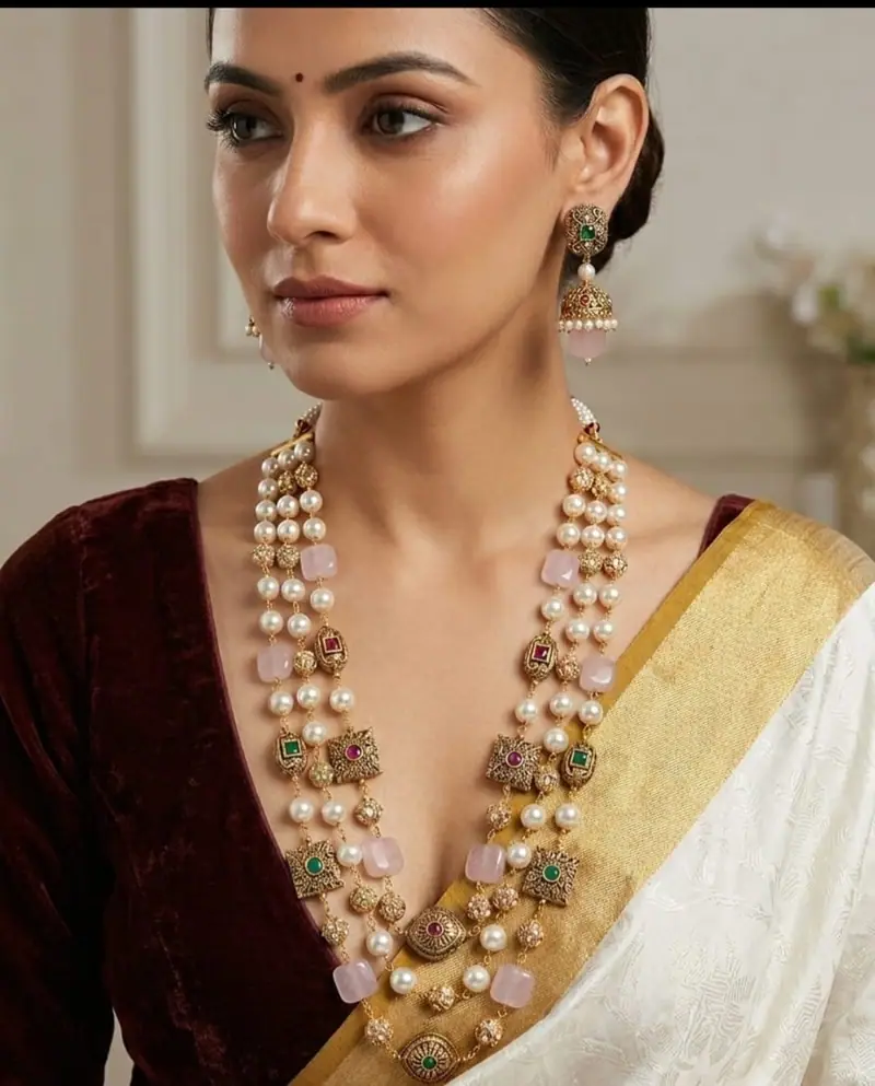 Antique Pearl Bead Long Maala — Rose Pink