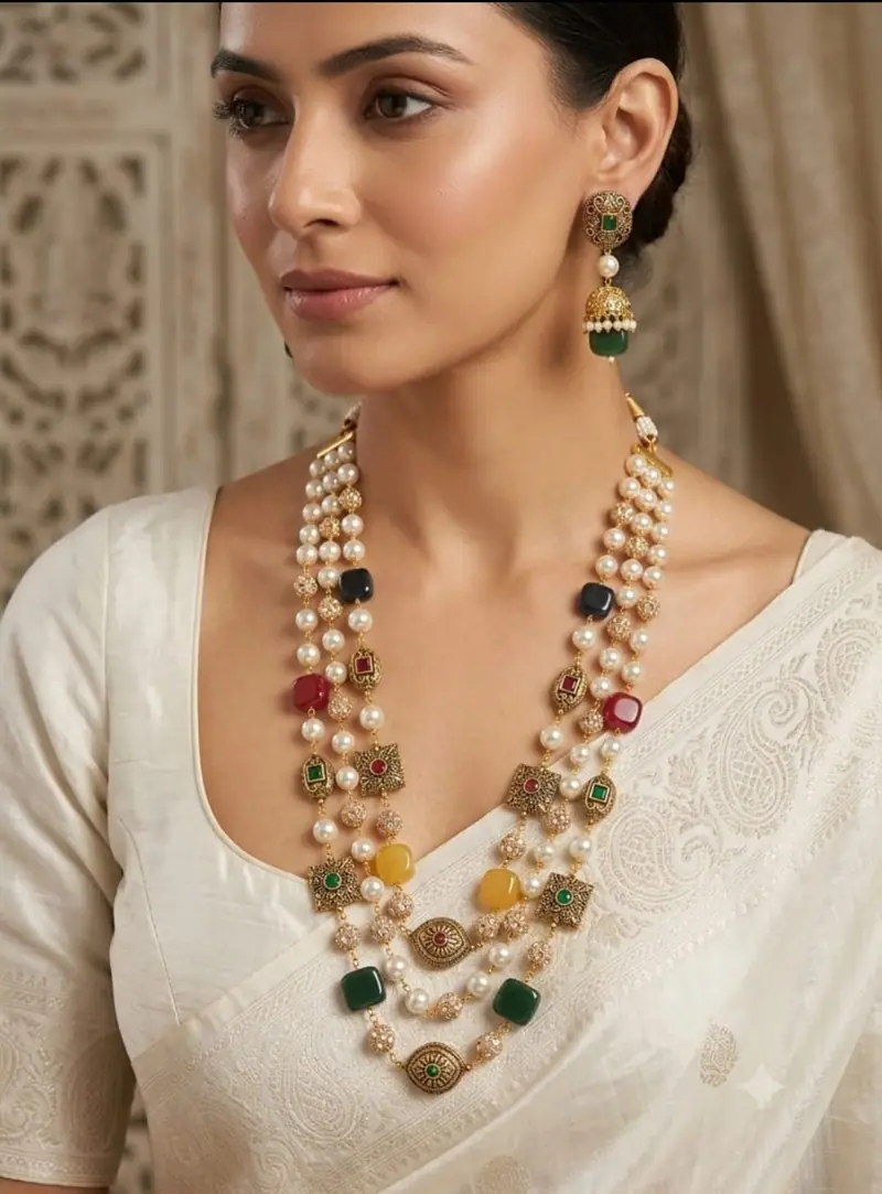 Layered Pearl Antique Long Set — White