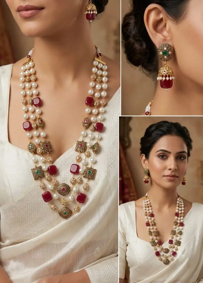 Antique Pearl Raani Haar Set — Ruby Red