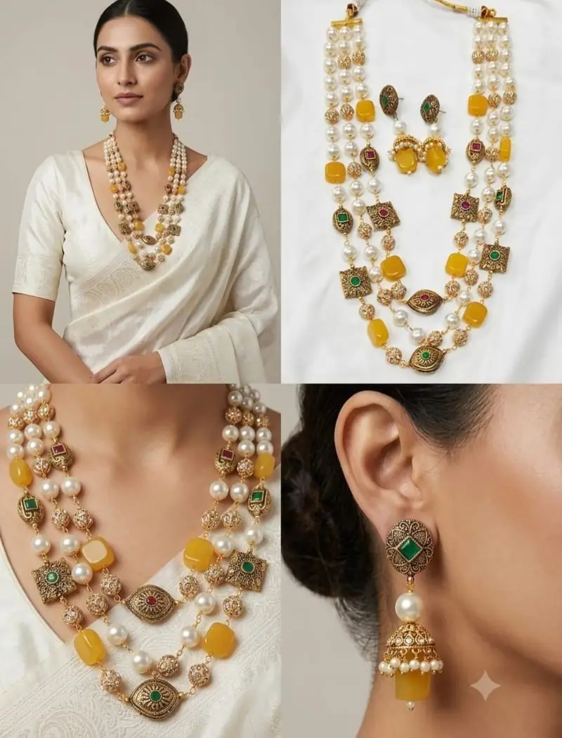 Antique Pearl Layered Raani Haar — Amber Yellow