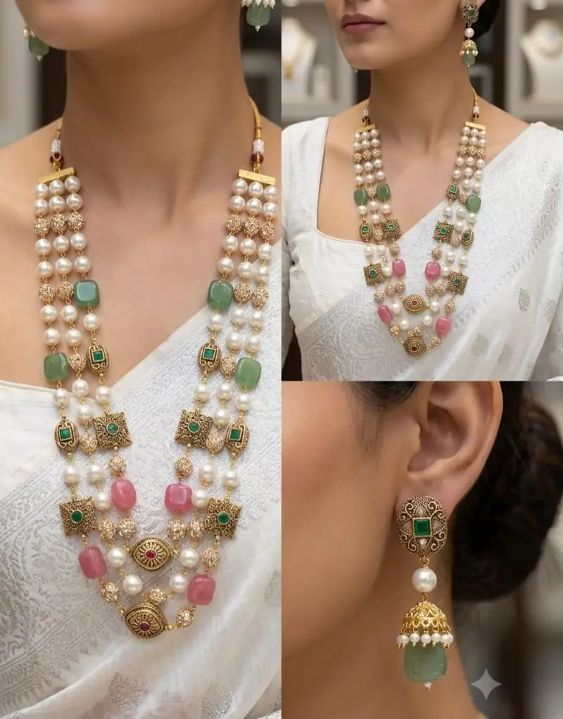 Antique Pearl Bead Long Maala — Multicolour