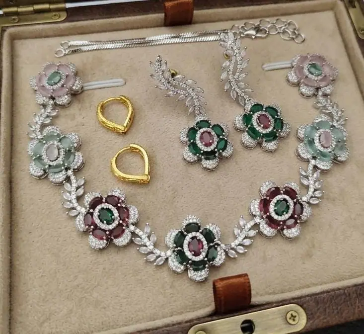 Floral American Diamond Necklace Set — Green