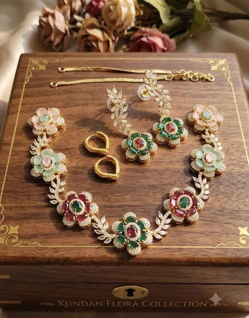 Kundan Flora Floral Necklace Set — Multicolour