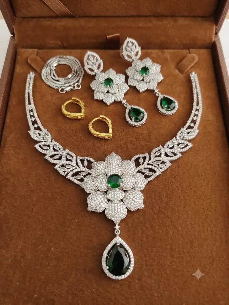American Diamond Floral Necklace Set — Emerald Green