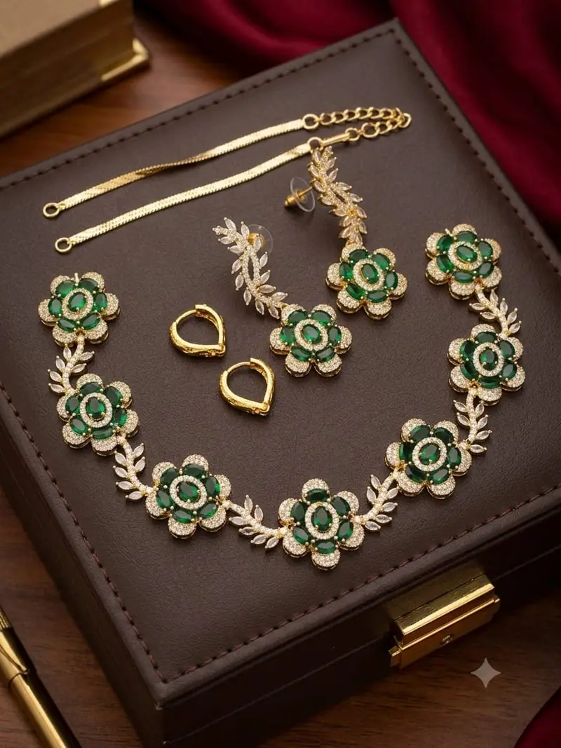 Blossom Vine American Diamond Set — Emerald Green