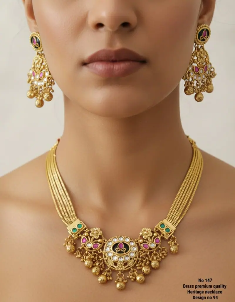 Temple Kundan Heritage Necklace Set — Antique Gold
