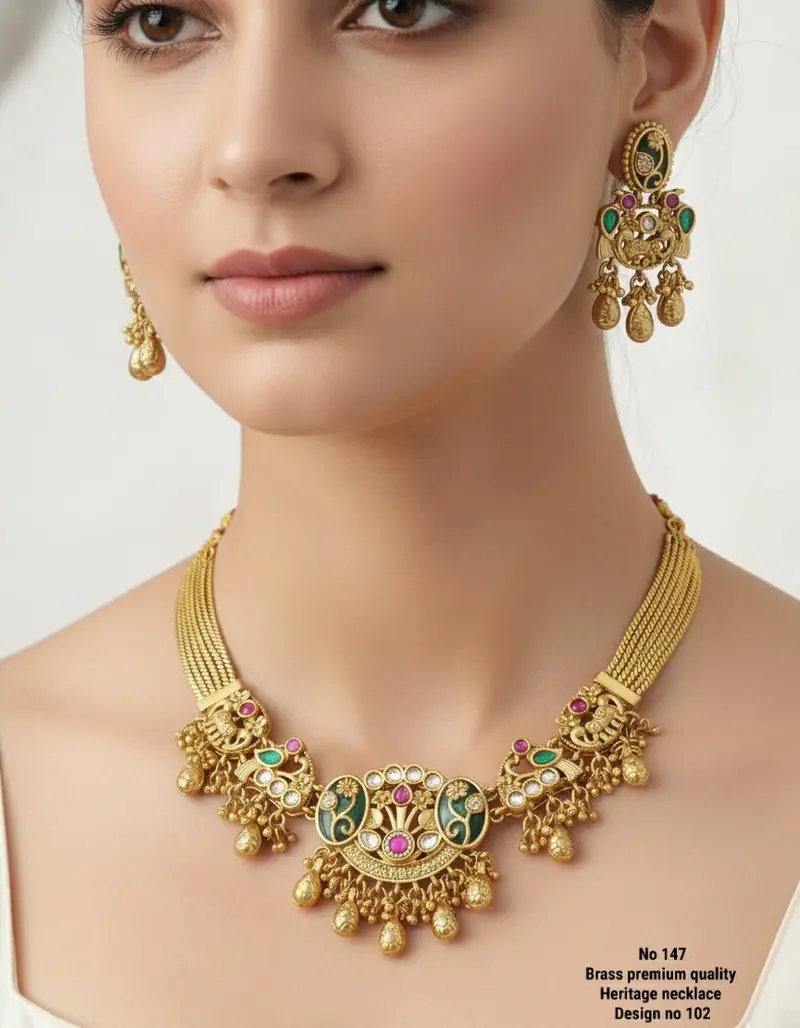 Peacock Meenakari Heritage Necklace Set — Emerald Green