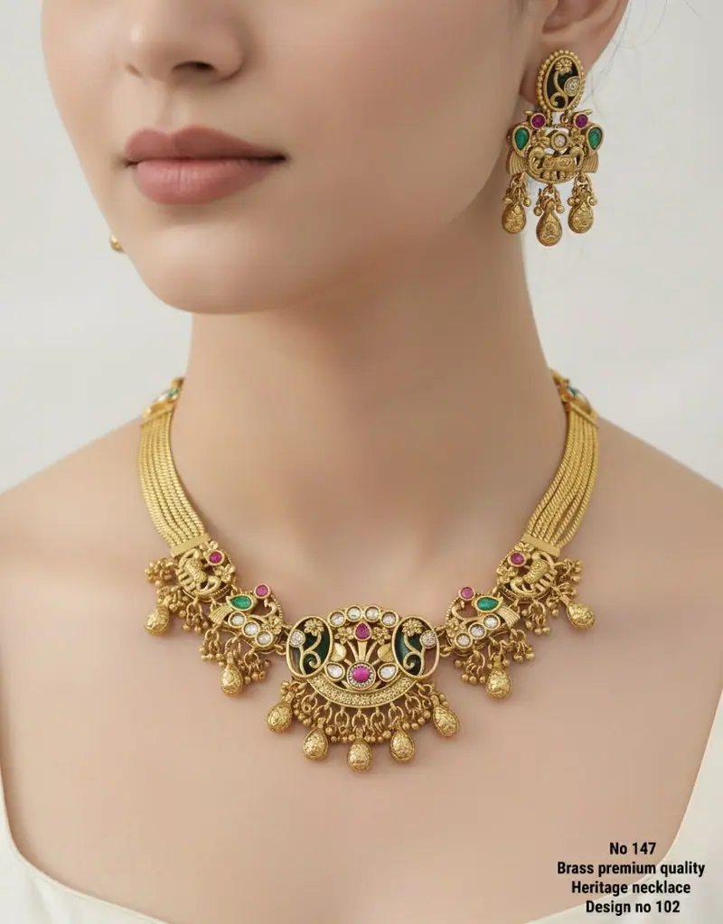Peacock Meenakari Heritage Necklace Set — Emerald Green